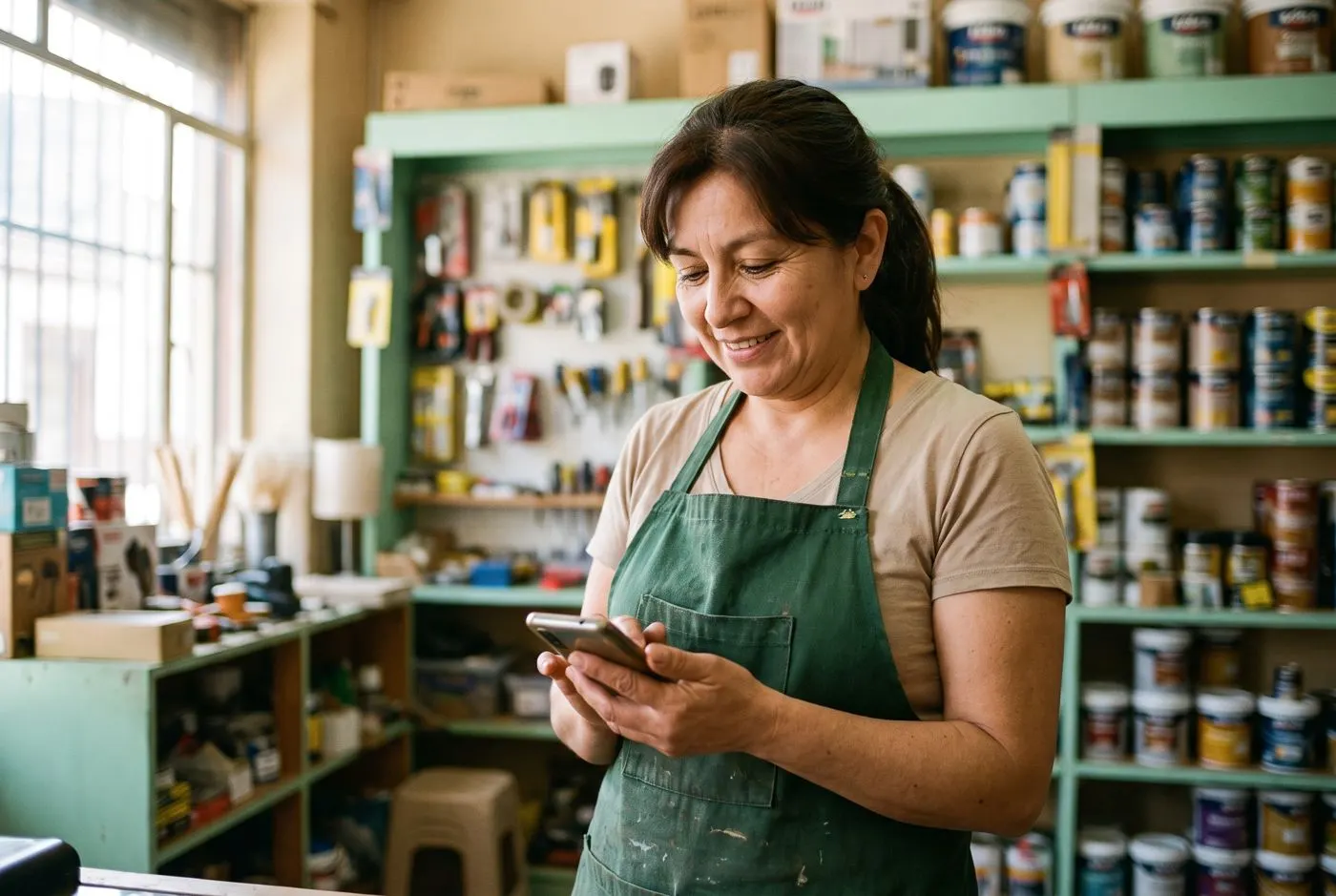 Dueña de un comercio revisando facturas en su local